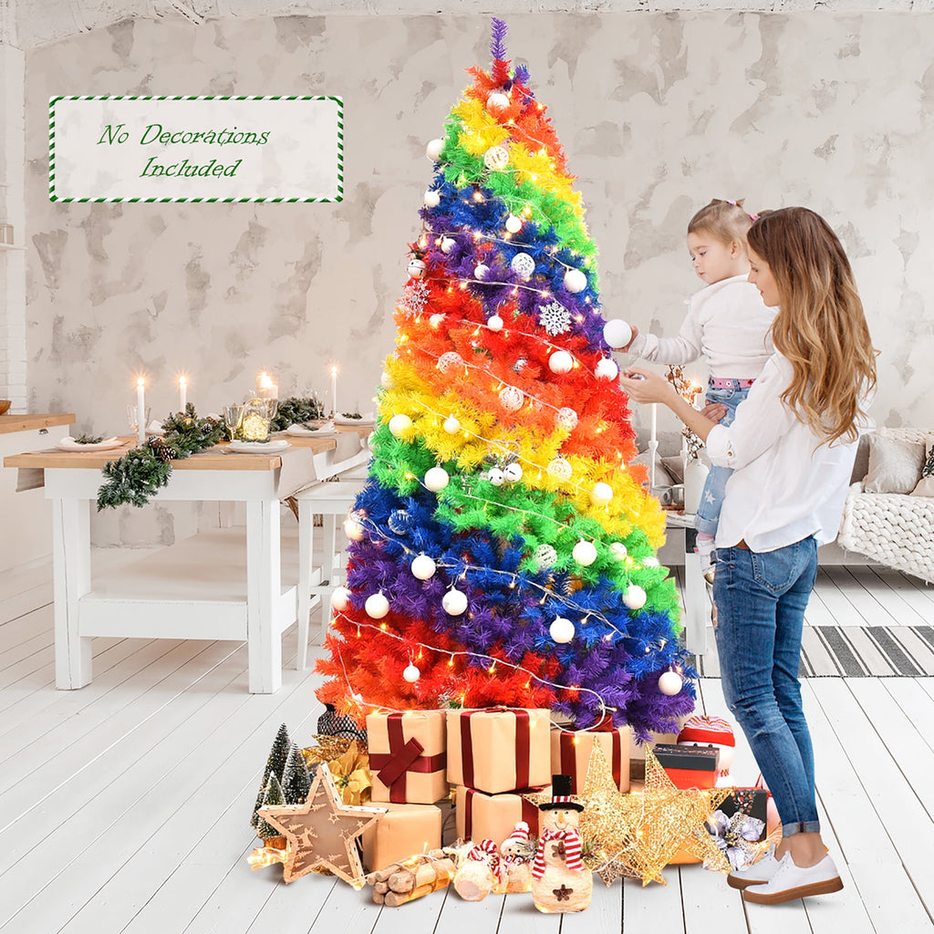 Costway 7FT Artificial Hinged Colorful Rainbow Full Fir Christmas Tree with 1213 Tips