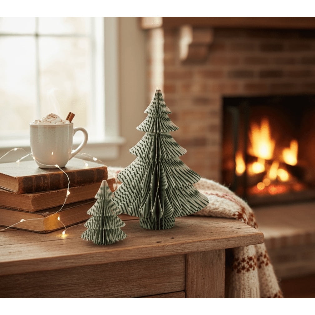 Paper Honeycomb Trees Christmas Decoration, Green and White, 2 Pieces, by Holiday Time