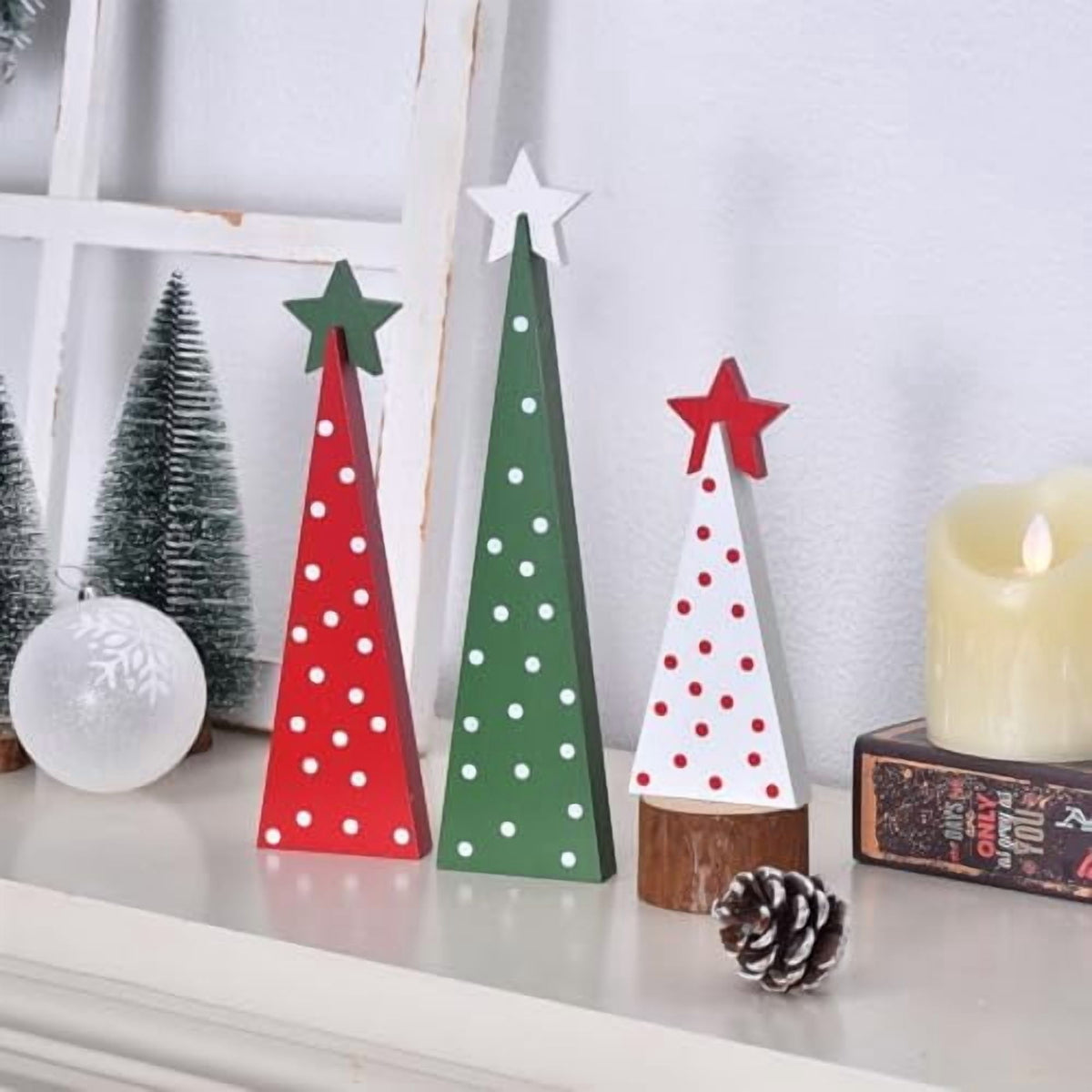 3 Piece Wooden Christmas Tree Tabletop Decor Rustic Double Sided Tiered Tray Signs for Home Office Farmhouse