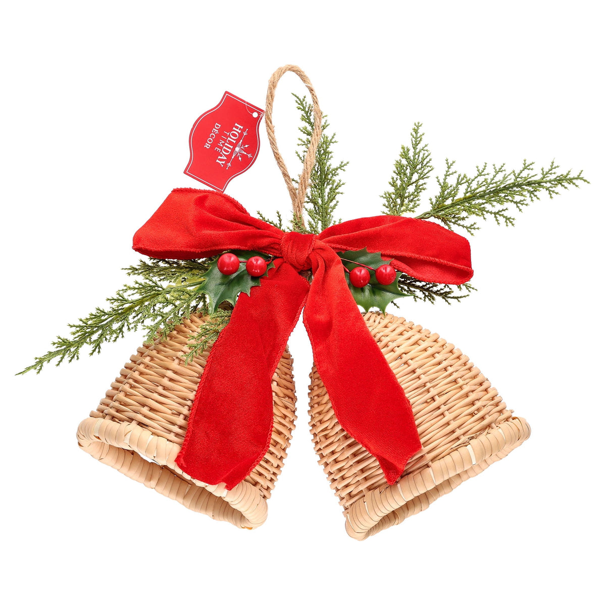Woven Bells with Bow Hanging Christmas Decoration, Brown/Red/Green, 11.5", by Holiday Time