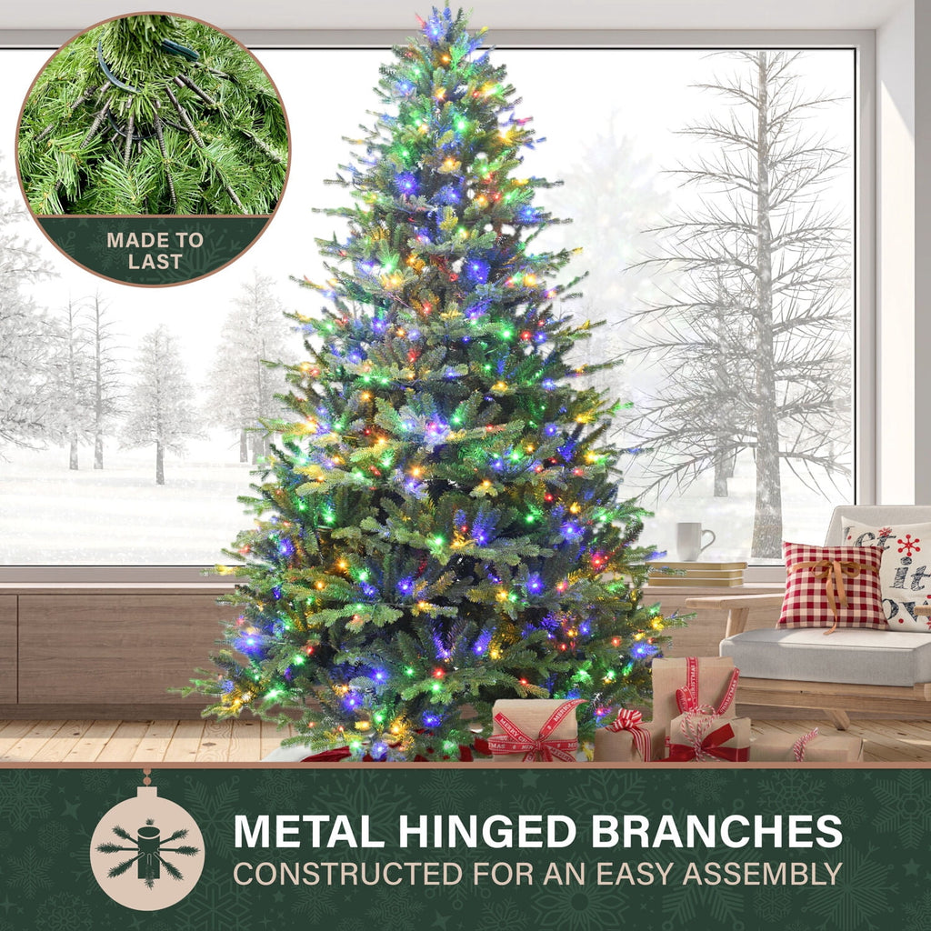Fraser Hill Farm 7.5-Ft. Oregon Pine Christmas Tree with Dual Multicolor & Warm White LED Lights, FFOP075-6GR