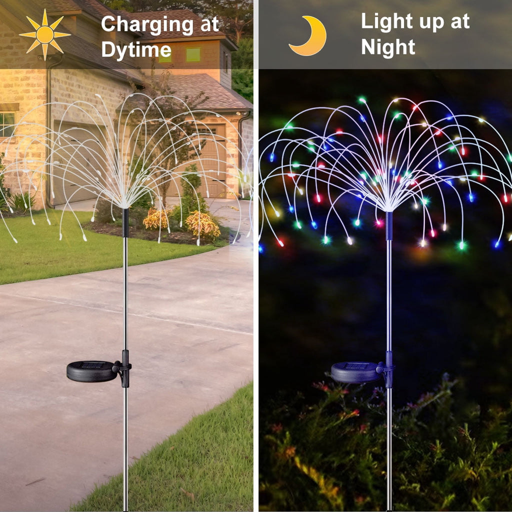 Rirool 2 Pack Solar Firework Lights, 120 LED Outdoor Garden Lights, Waterproof IP65 Pathway Yard Decor, DIY Copper Wire, Auto On/Off, Warm White