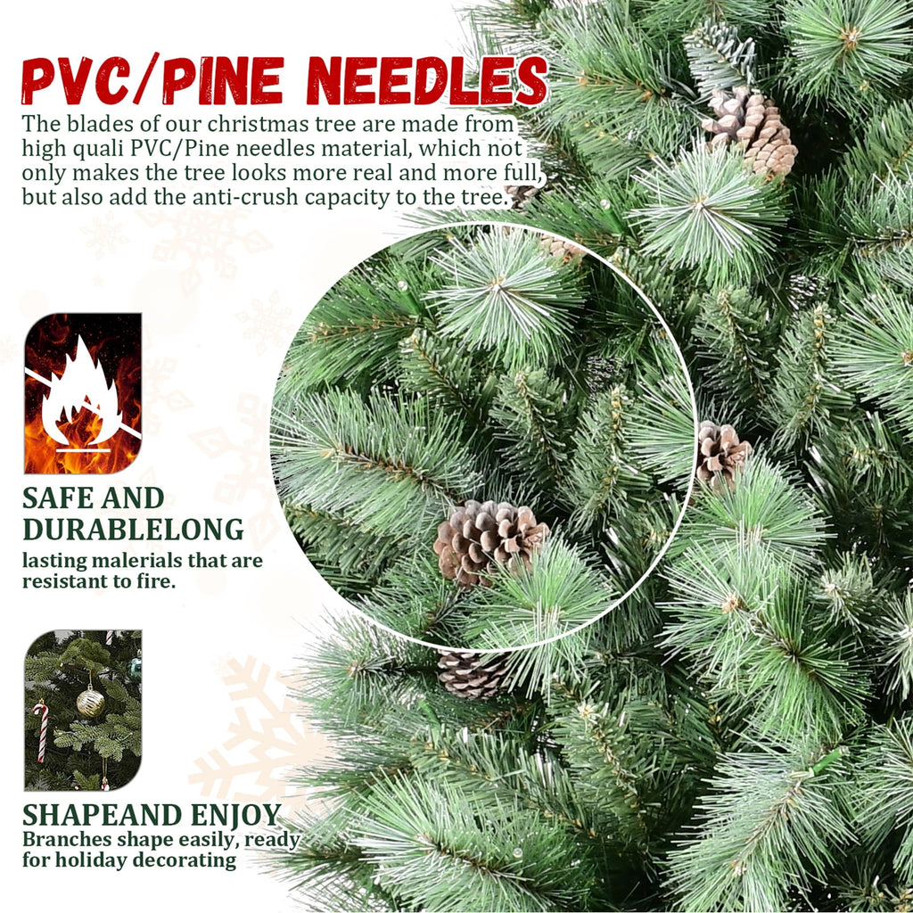 8FT PVC Artificial Christmas Tree White Needles Pine Cones Decor Premium Xmas Tree with 1858 Branch Tips Easy Assemble and Foldable Holiday Xmas Ornaments with Stand for Home Office Party Decoration