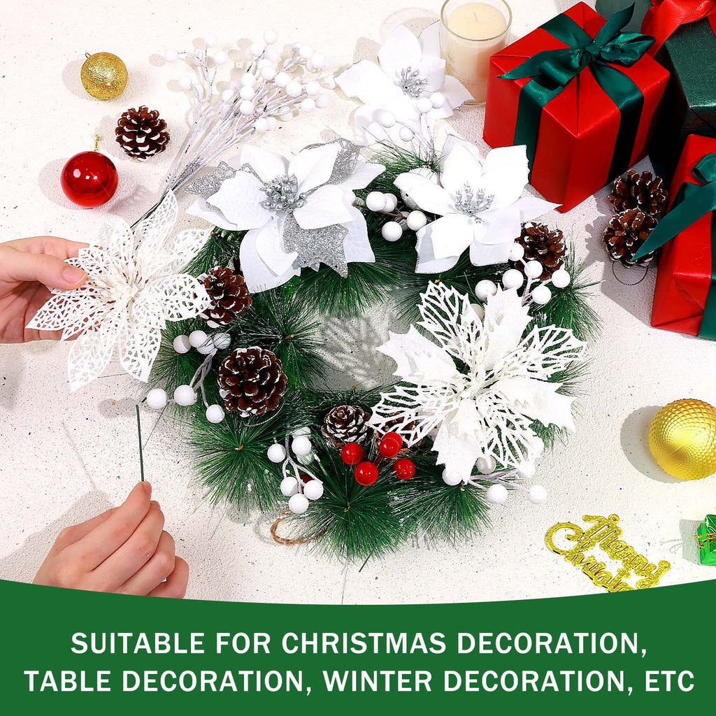 Ayieyill 56Pcs Poinsettia Christmas Flowers Decorations Christmas flower ornaments Artificial Glitter Berry Stems Christmas Pine Cones Christmas Tree Ornaments Set Christmas Tree Decorations (Pink)