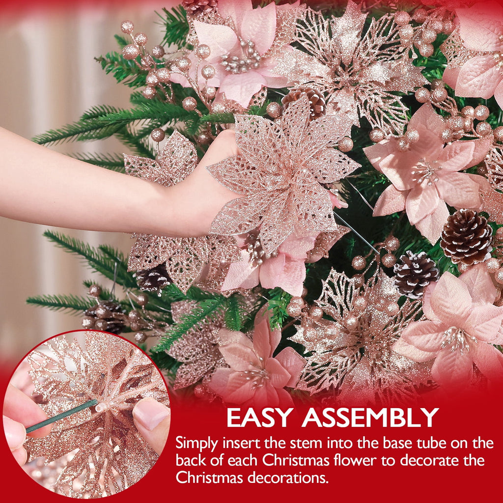 Ayieyill 56Pcs Poinsettia Christmas Flowers Decorations Christmas flower ornaments Artificial Glitter Berry Stems Christmas Pine Cones Christmas Tree Ornaments Set Christmas Tree Decorations (Pink)