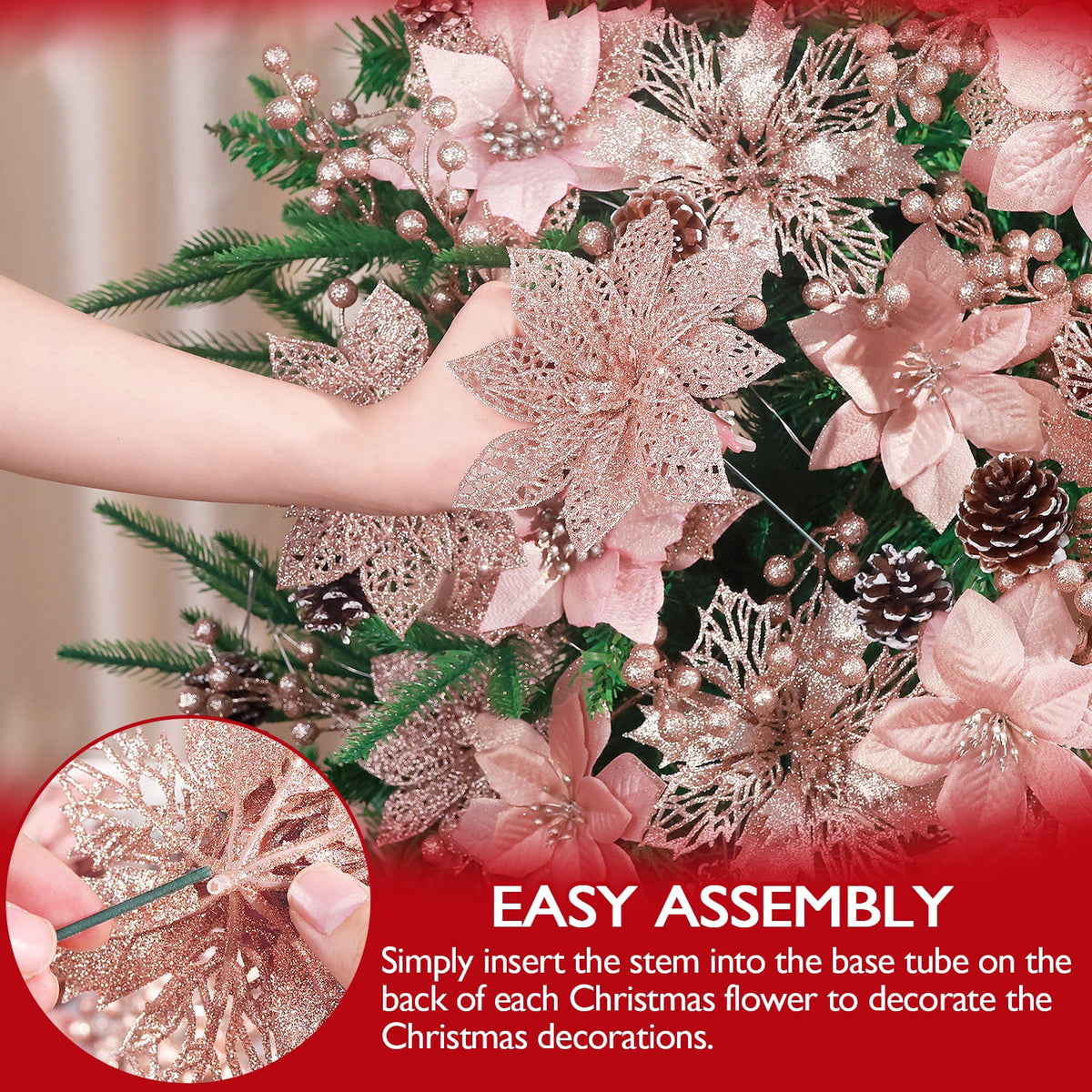 Ayieyill 56Pcs Poinsettia Christmas Flowers Decorations Christmas flower ornaments Artificial Glitter Berry Stems Christmas Pine Cones Christmas Tree Ornaments Set Christmas Tree Decorations (Blue)