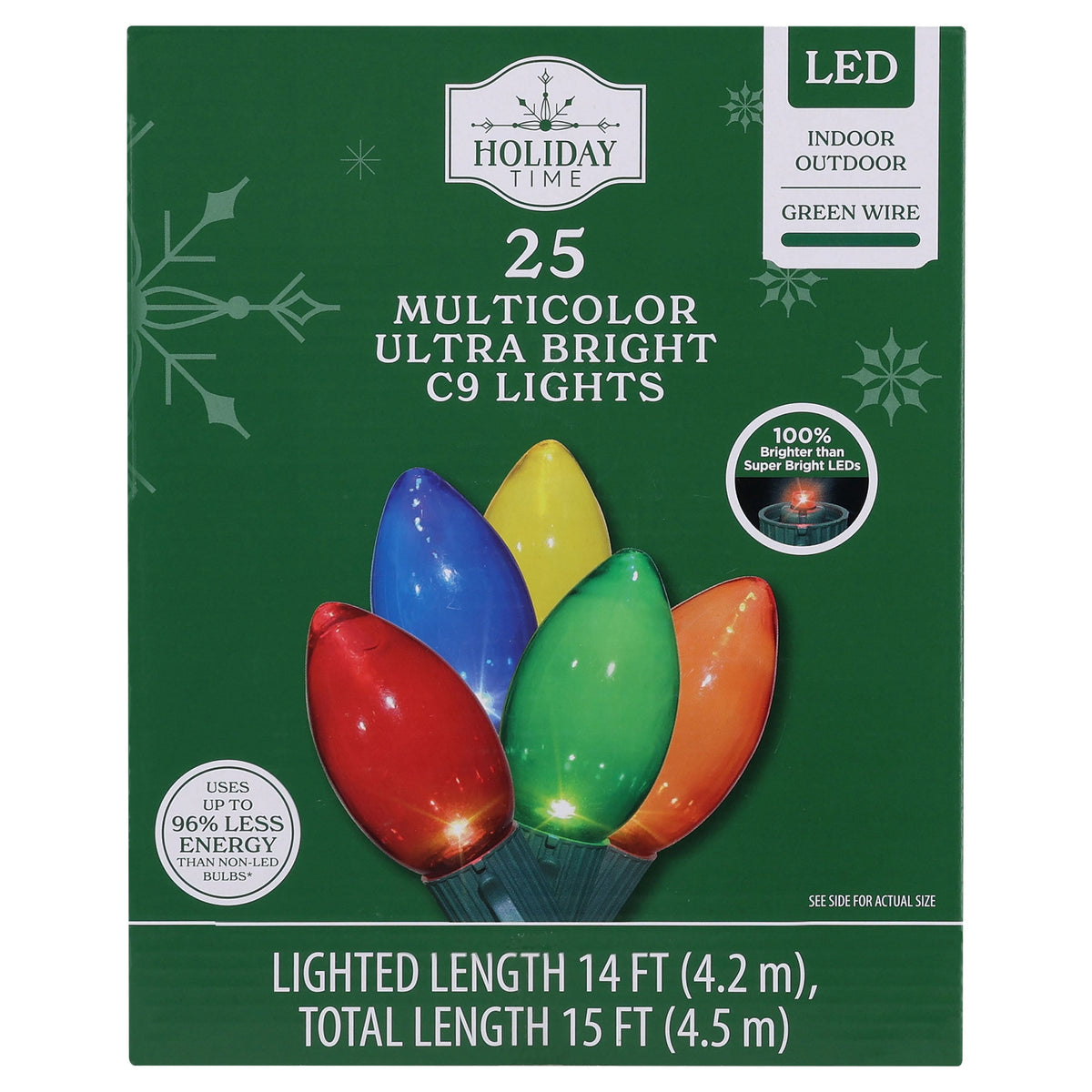 Indoor/Outdoor 25-Count LED Ultra Bright C9 Christmas String Lights, Warm White, Green Wire, 14', by Holiday Time