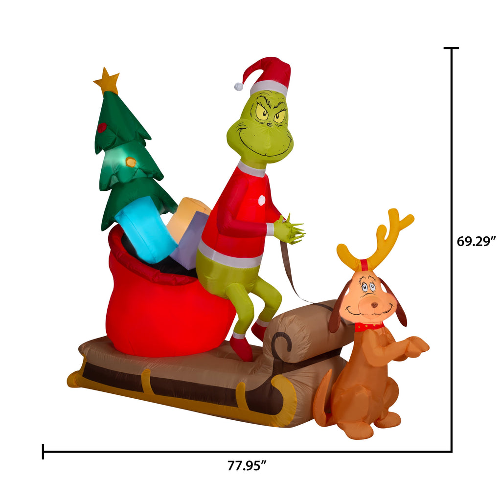 6.5 ft Grinch & Max Sleigh Christmas Airblown Yard Inflatable, Multicolor, by Dr. Seuss