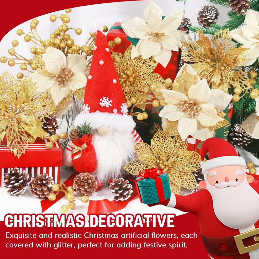 Ayieyill 56Pcs Poinsettia Christmas Flowers Decorations Christmas flower ornaments Artificial Glitter Berry Stems Christmas Pine Cones Christmas Tree Ornaments Set Christmas Tree Decorations (Blue)