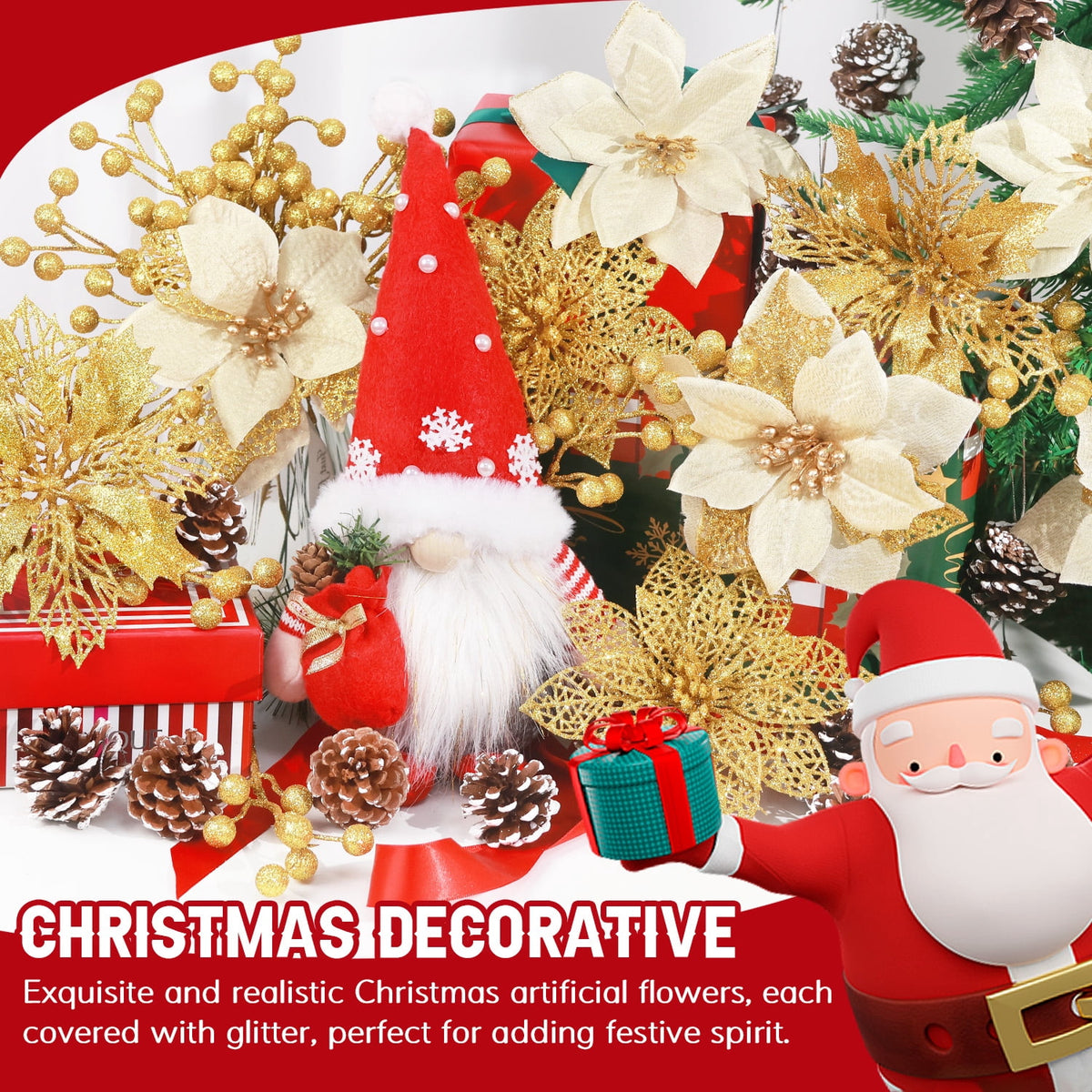 Ayieyill 56Pcs Poinsettia Christmas Flowers Decorations Christmas flower ornaments Artificial Glitter Berry Stems Christmas Pine Cones Christmas Tree Ornaments Set Christmas Tree Decorations (Blue)