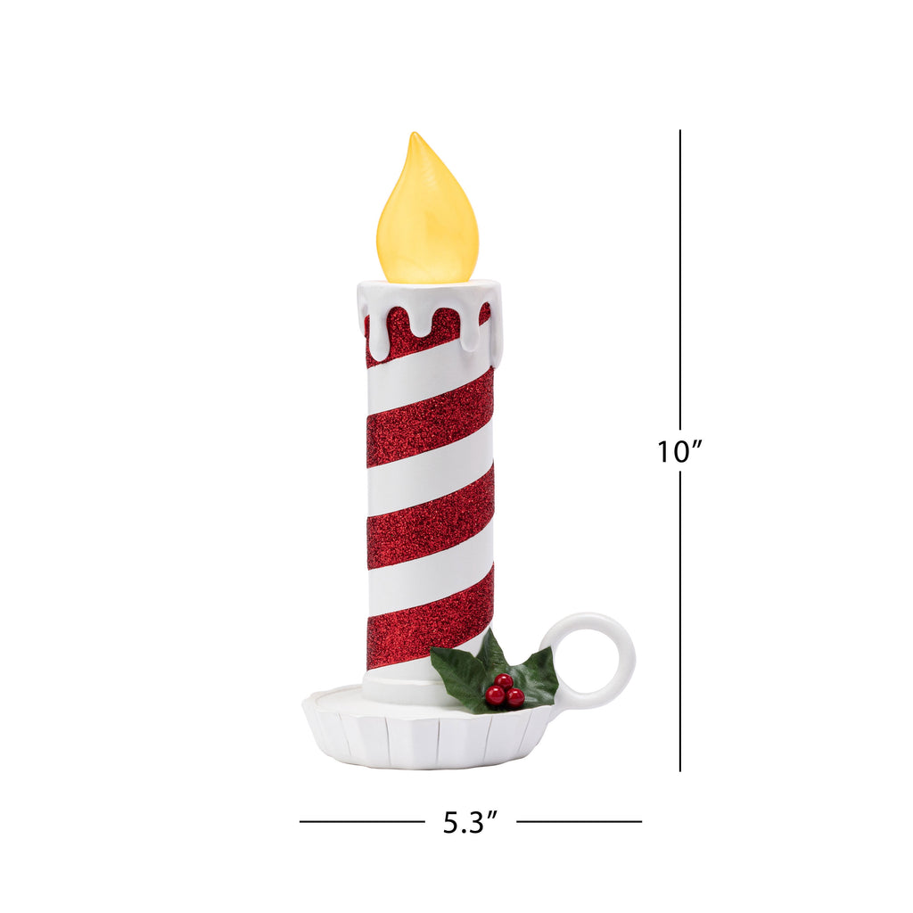 Mr. Christmas 10" Set of 2 Flickering LED Resin Glittery Striped Candles - Red & White