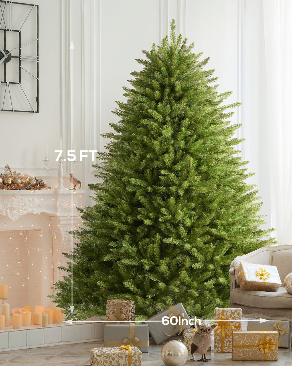 AMERZEST Pre-Lit 7.5FT Christmas Tree w/ Remote Control & 16 Lighting Modes Premium Artificial Spruce Christmas Tree with 750 Dual Color LED Lights, Hinged/Feel Real/Realistic/Full Fir Xmas Tree