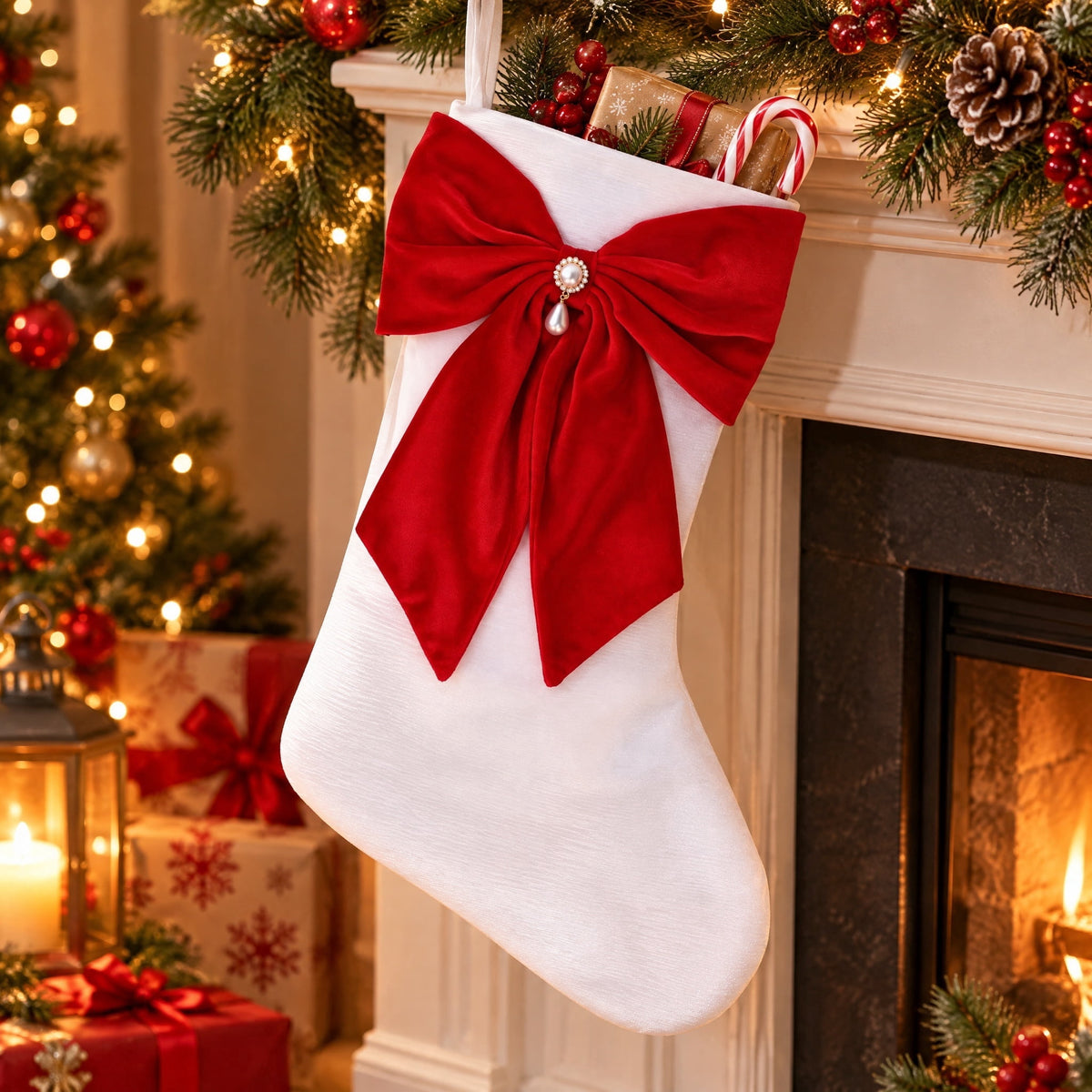 Christmas Stocking with Velvet Bow, Red and White, 19", by Holiday Time