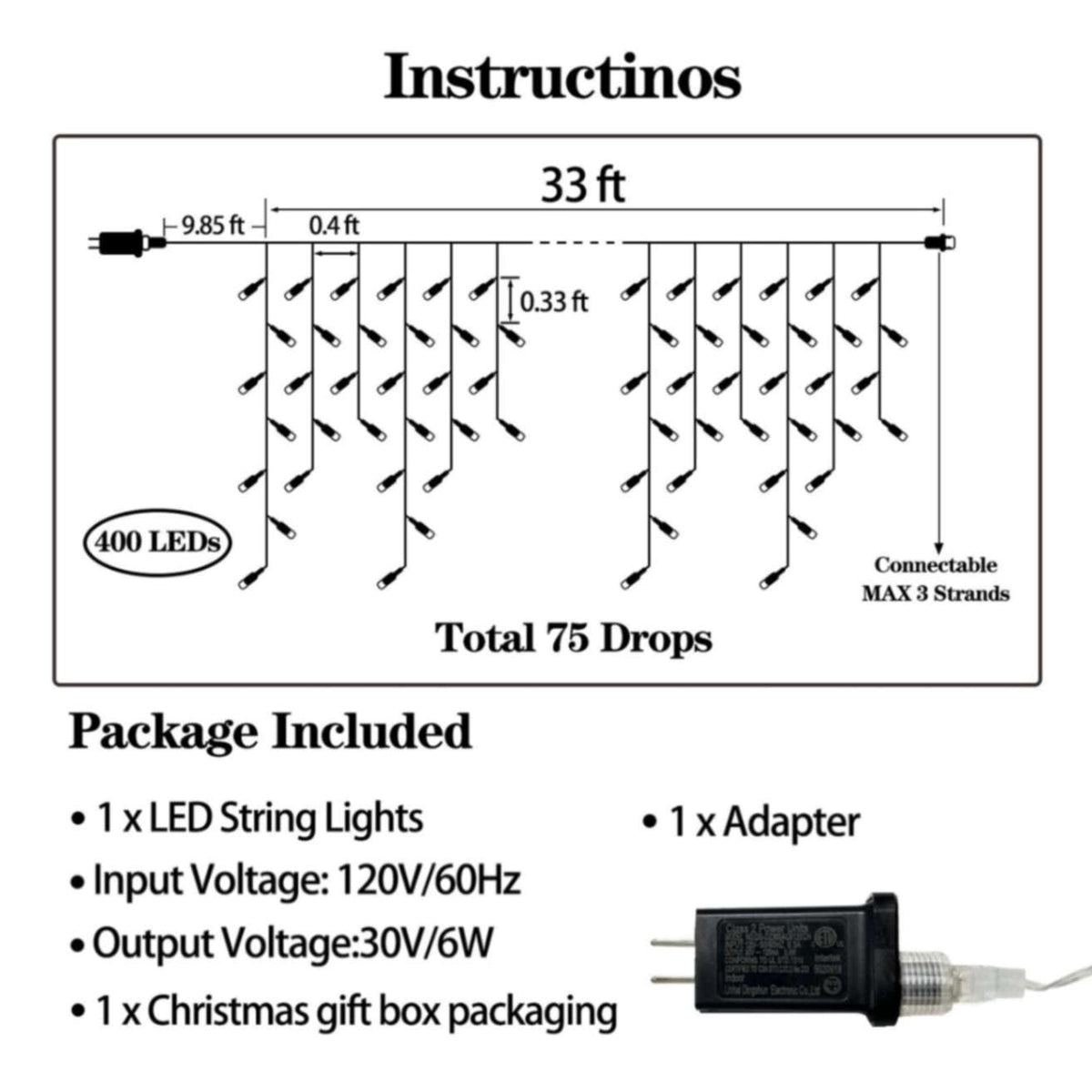 Scidweet Christmas Icicle String Lights, 33ft 400 LED Fairy Twinkle Lights 8 Modes Plug in Light for Holiday Wedding Party Home Indoor Outdoor Decoration, Cool White