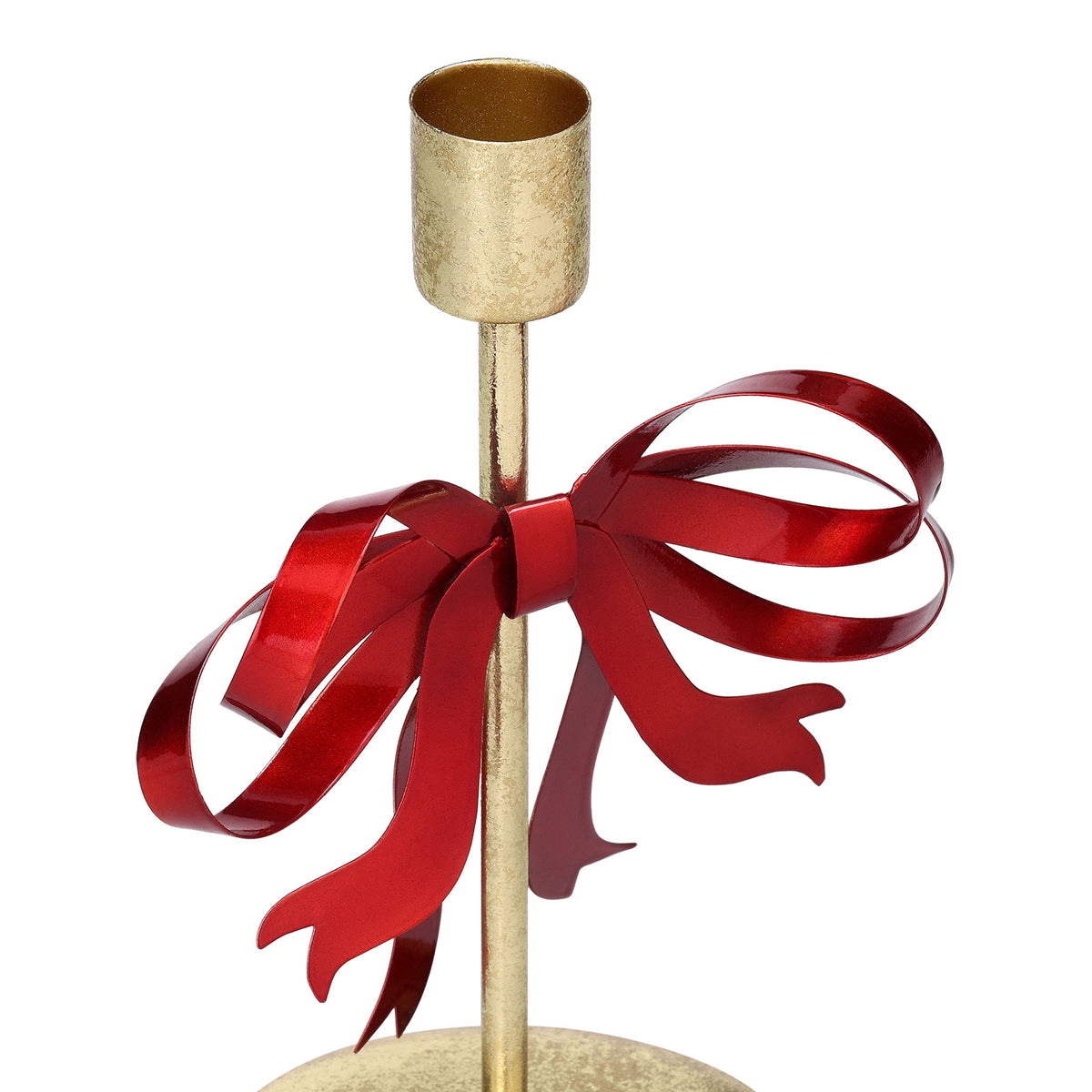 Small Gold and Red Bow Metal Christmas Taper Candle Holder, 7.8", by Holiday Time
