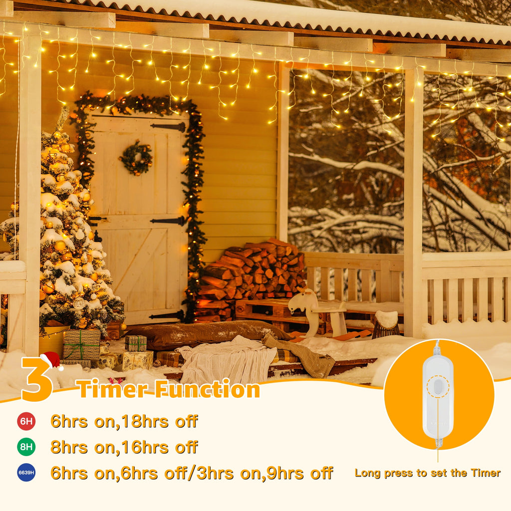 Ollny 24ft 216 LED Icicle Lights for Outside, 8 Lighting Modes 3 Timing Waterproof Icicle Christmas Lights Indoor Outdoor Decorations, White