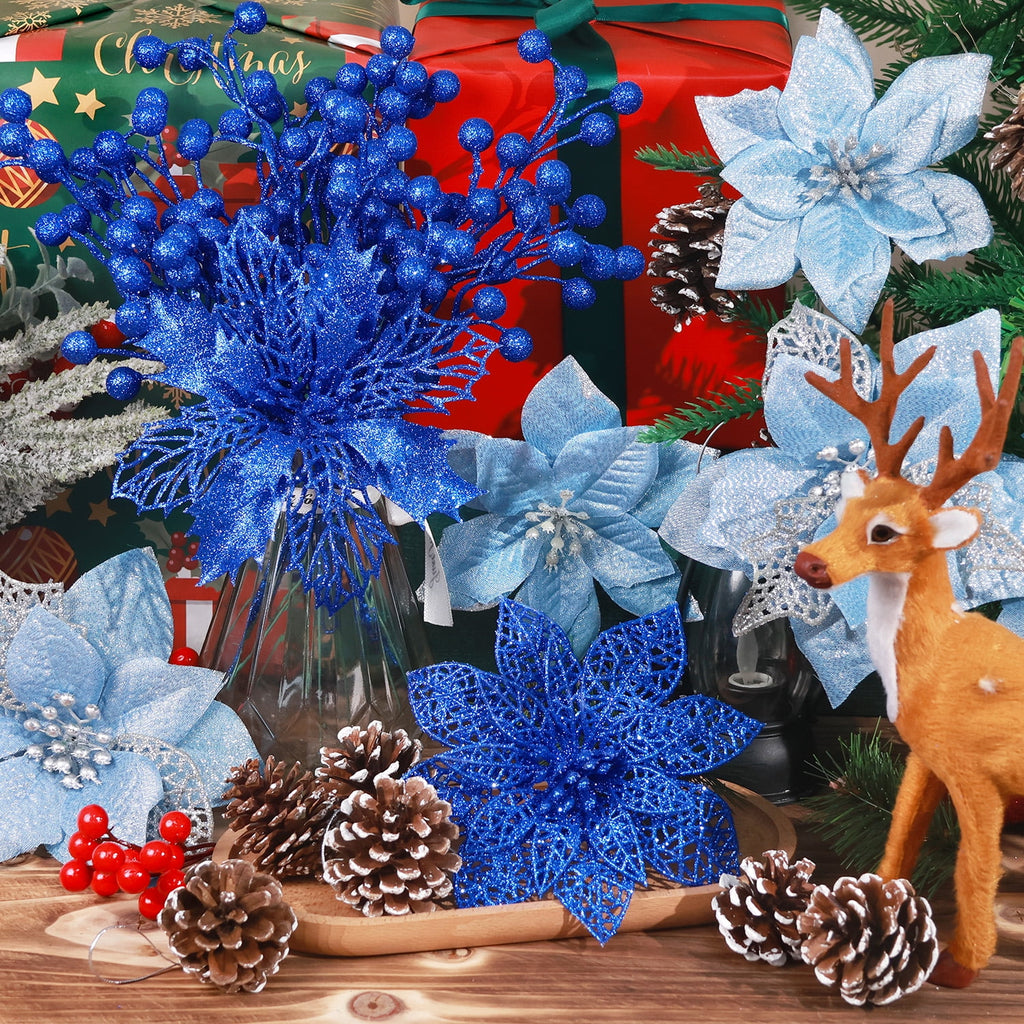 Ayieyill 56Pcs Poinsettia Christmas Flowers Decorations Christmas flower ornaments Artificial Glitter Berry Stems Christmas Pine Cones Christmas Tree Ornaments Set Christmas Tree Decorations (Pink)