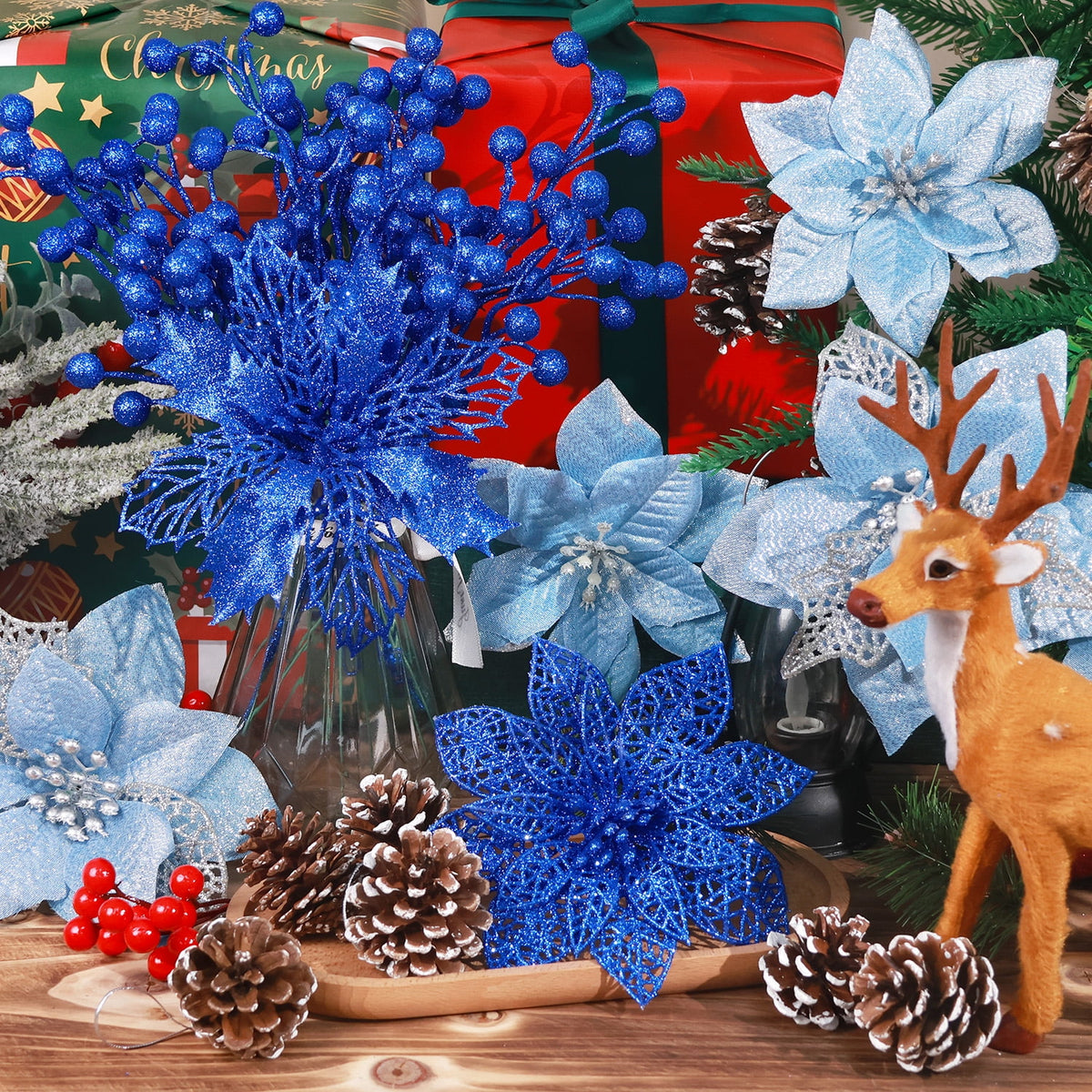 Ayieyill 56Pcs Poinsettia Christmas Flowers Decorations Christmas flower ornaments Artificial Glitter Berry Stems Christmas Pine Cones Christmas Tree Ornaments Set Christmas Tree Decorations (Blue)
