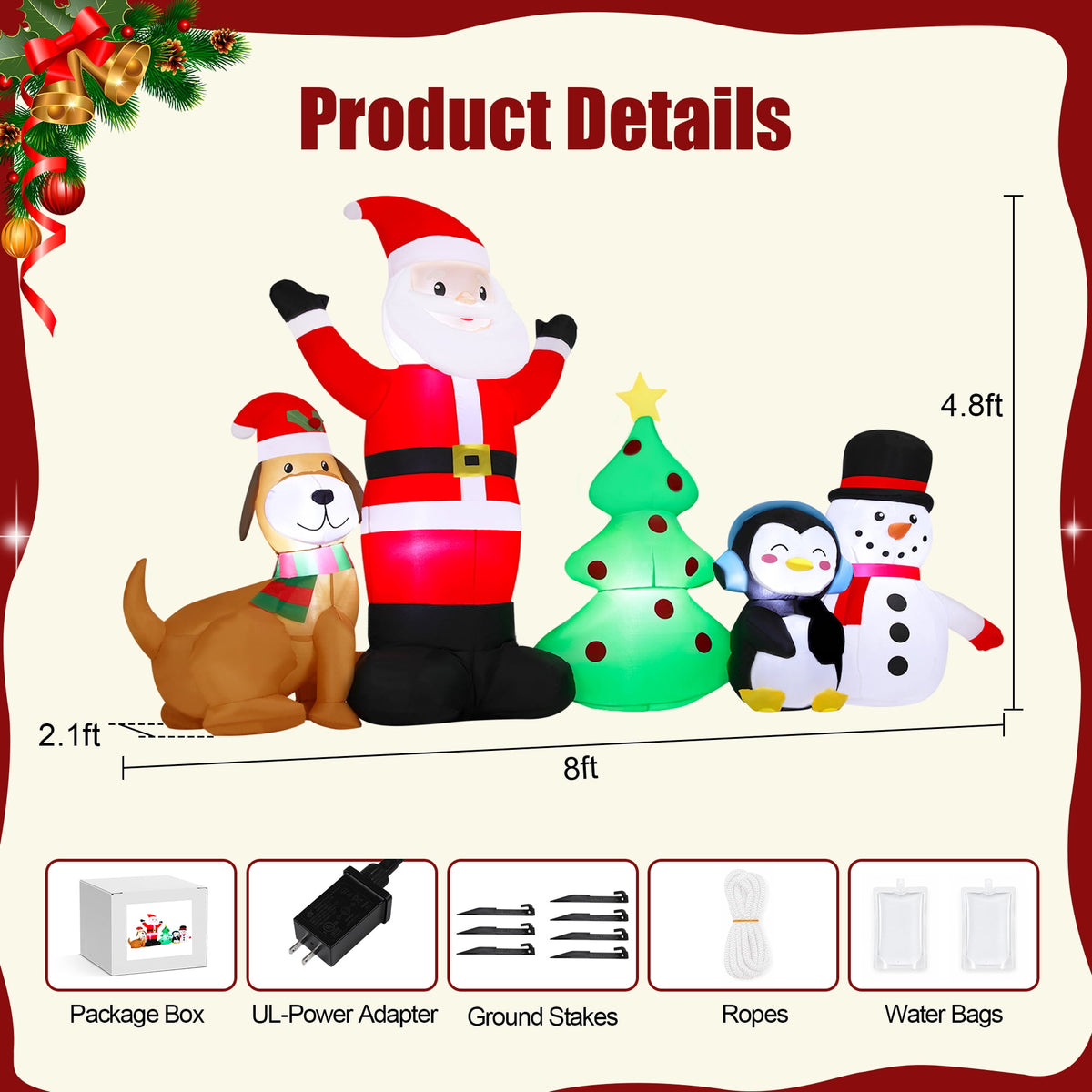 Firstness 8ft Christmas Inflatable,Christmas Blow ups Santa Snowman Xmas Tree Penguin Dog with LED Lights, Yard Garden Party Outdoor Decoration