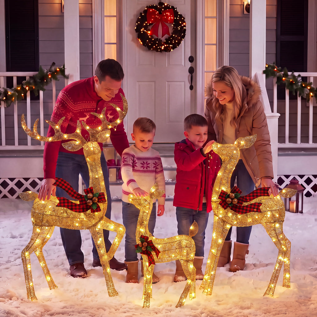 FOOWIN 3-Piece Large Christmas Deer Family, Lighted Outdoor Christmas Decoration, Champagne Gold