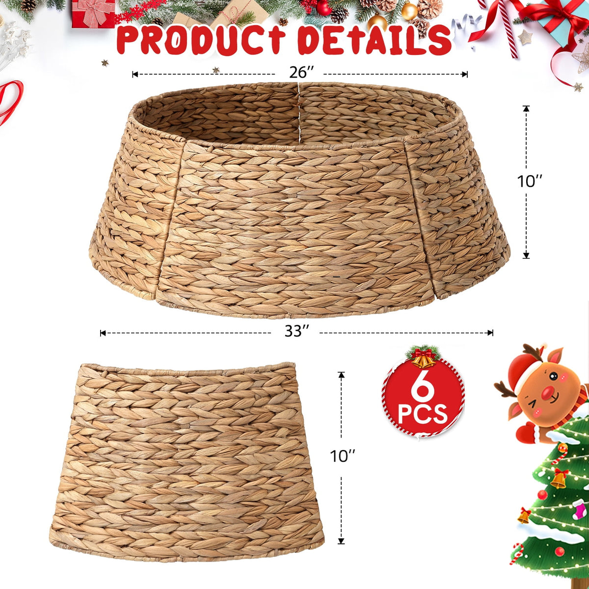 Ayieyill 26in Woven Hyacinth Christmas Tree Collar, Christmas Tree Decorations, Tree Skirt Accessory w/ Cord Cut-Out | Natural