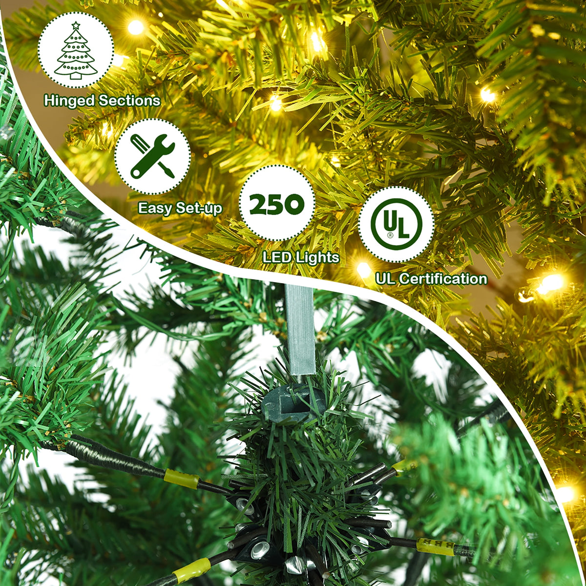 Costway 6Ft Pre-lit Artificial Pencil Christmas Tree Hinged Fir PVC Tree with 250 LED Lights