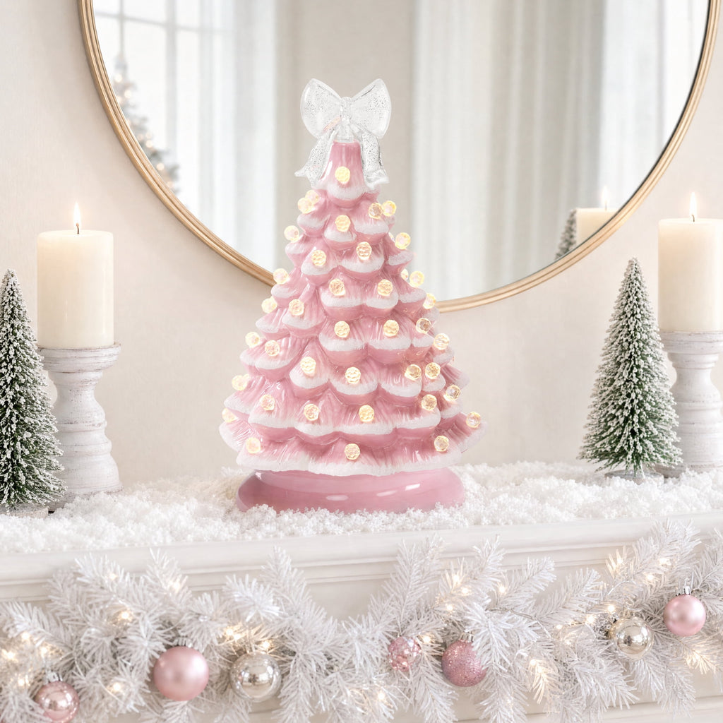 Best Choice Products 15in Ceramic Christmas Tree, Pre-lit Hand-Painted Tabletop Holiday Tree, Gingerbread Red/White/Grn