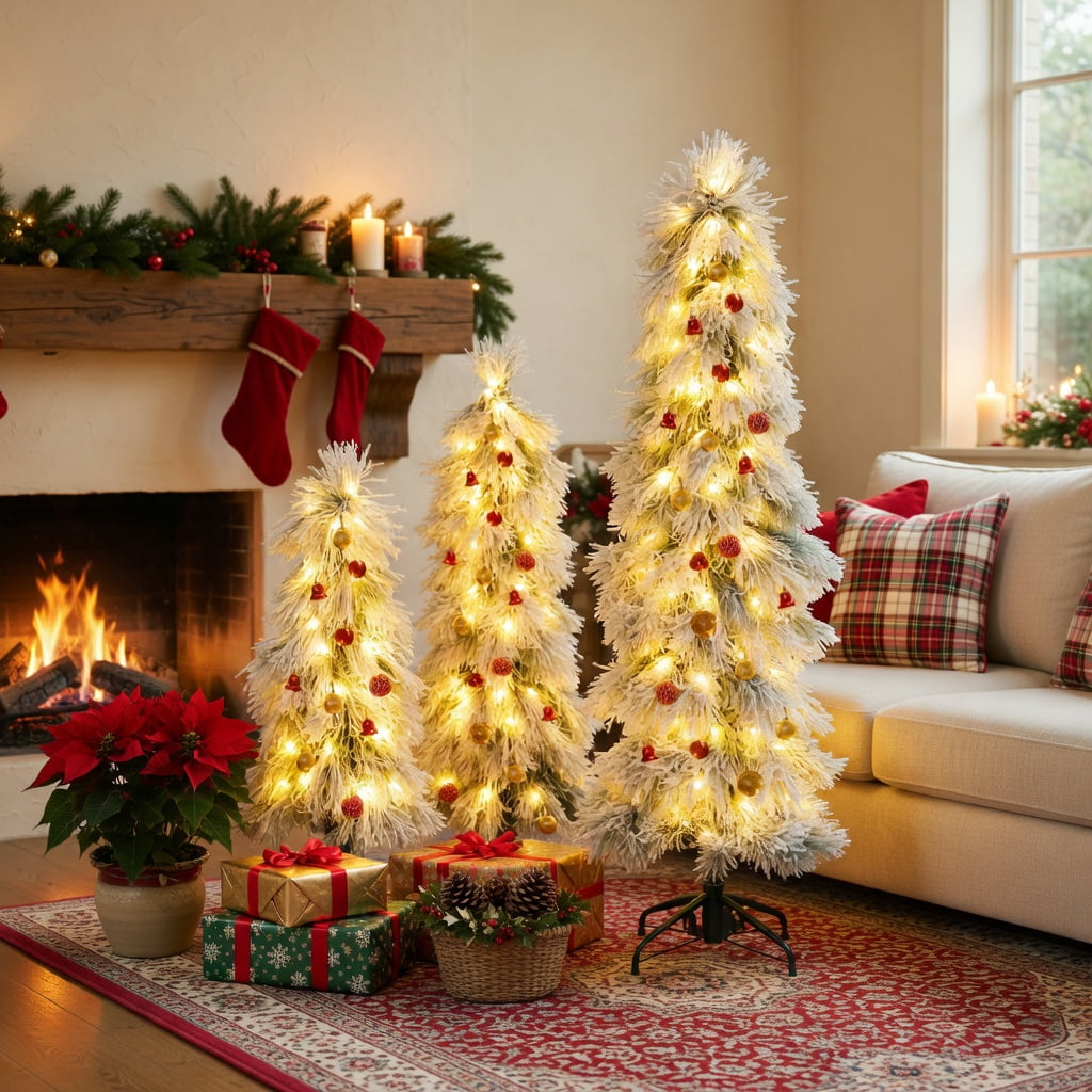 Resenkos 3-Piece Snow Flocked Artificial Christmas Tree Set - LED Lights, Green/White