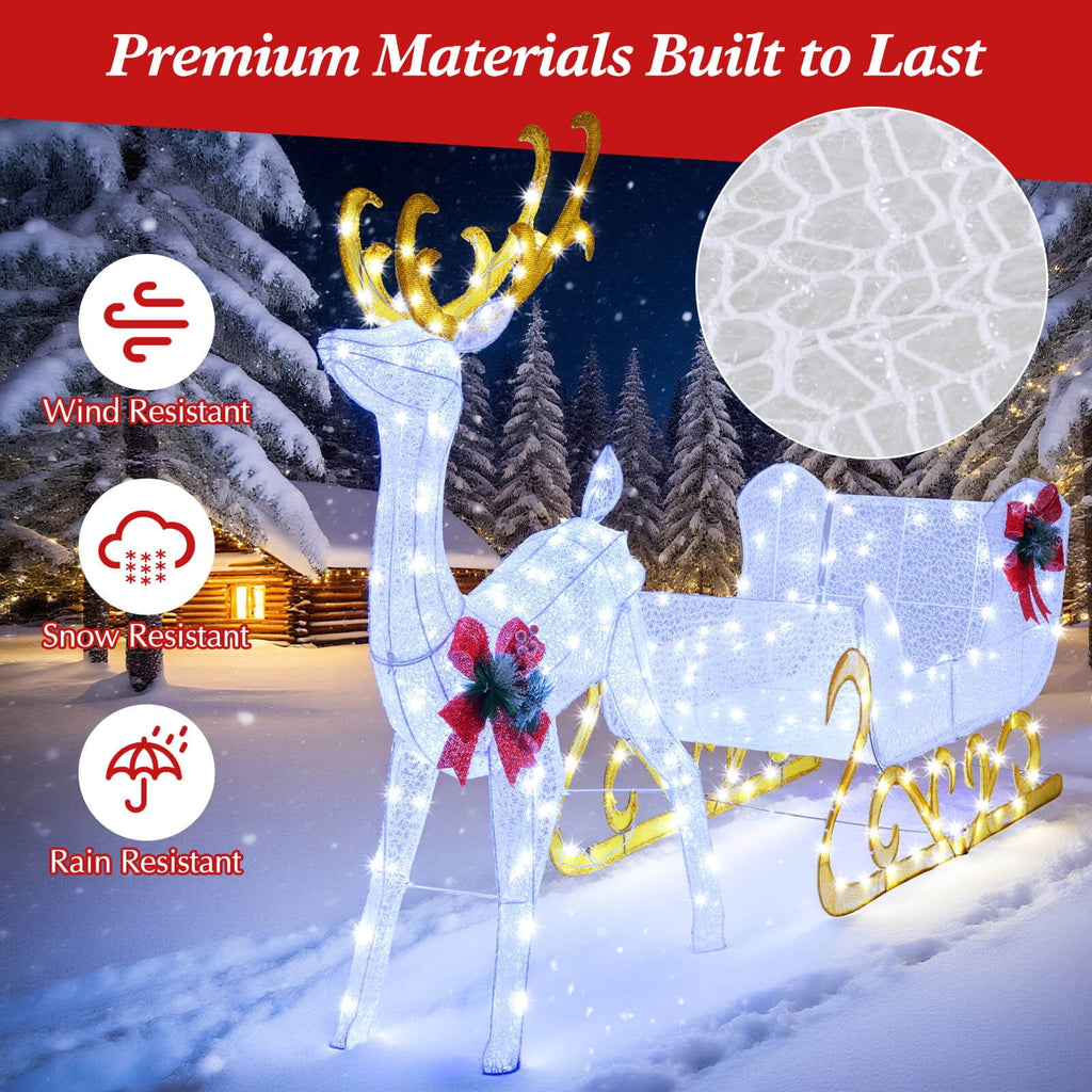 Costway 6 FT Christmas Lighted Reindeer & Santa's Sleigh W/ 215 LED Lights & 4 Stakes Gold