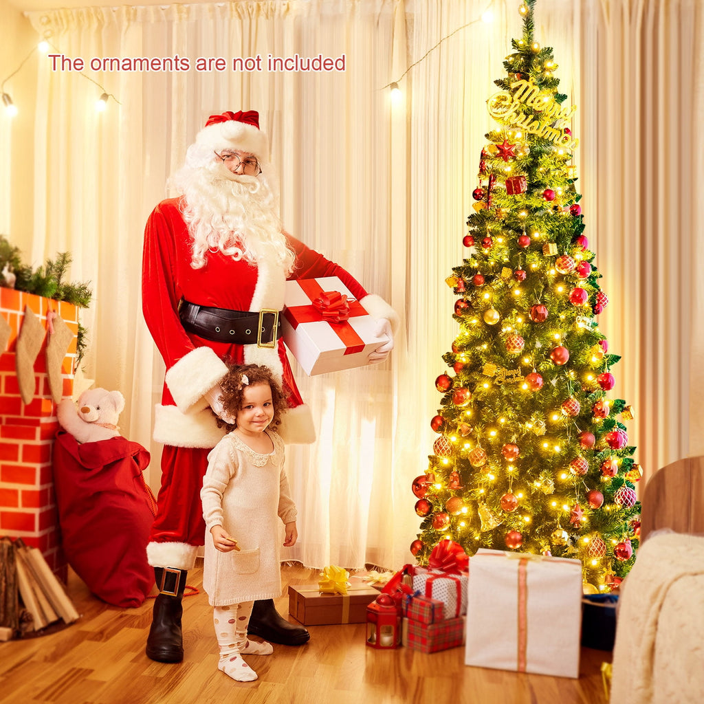 Topbuy 6.5ft Pencil Christmas Tree Pre-Lit Hinged Artificial Decoration w/ 250 Warm White Lights