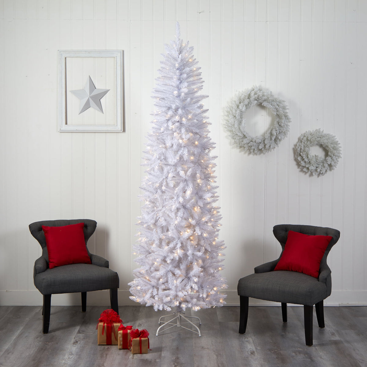 Nearly Natural 3' White Slim Artificial Christmas Tree Prelit 50 Warm White LED Lights