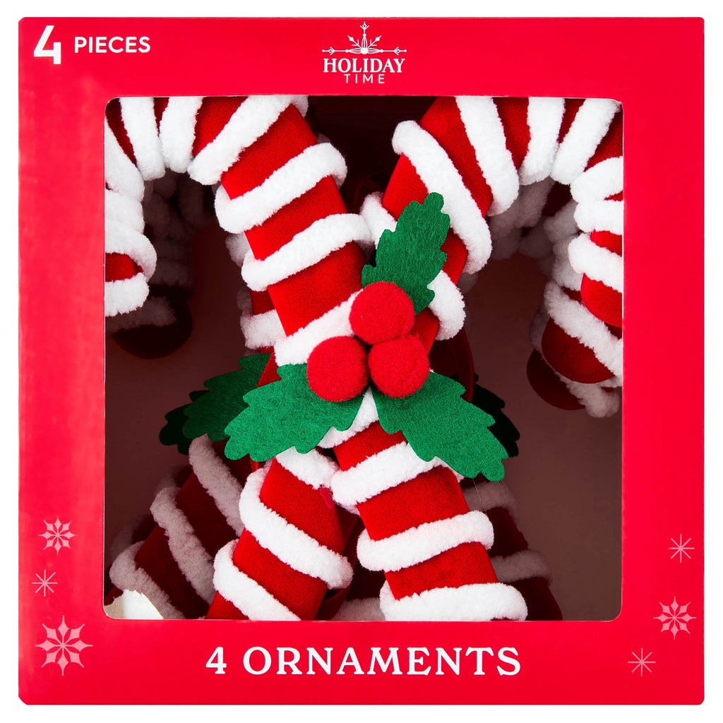 4-Count Red and White Fuzzy Candy Cane Christmas Ornaments, 6.5", by Holiday Time