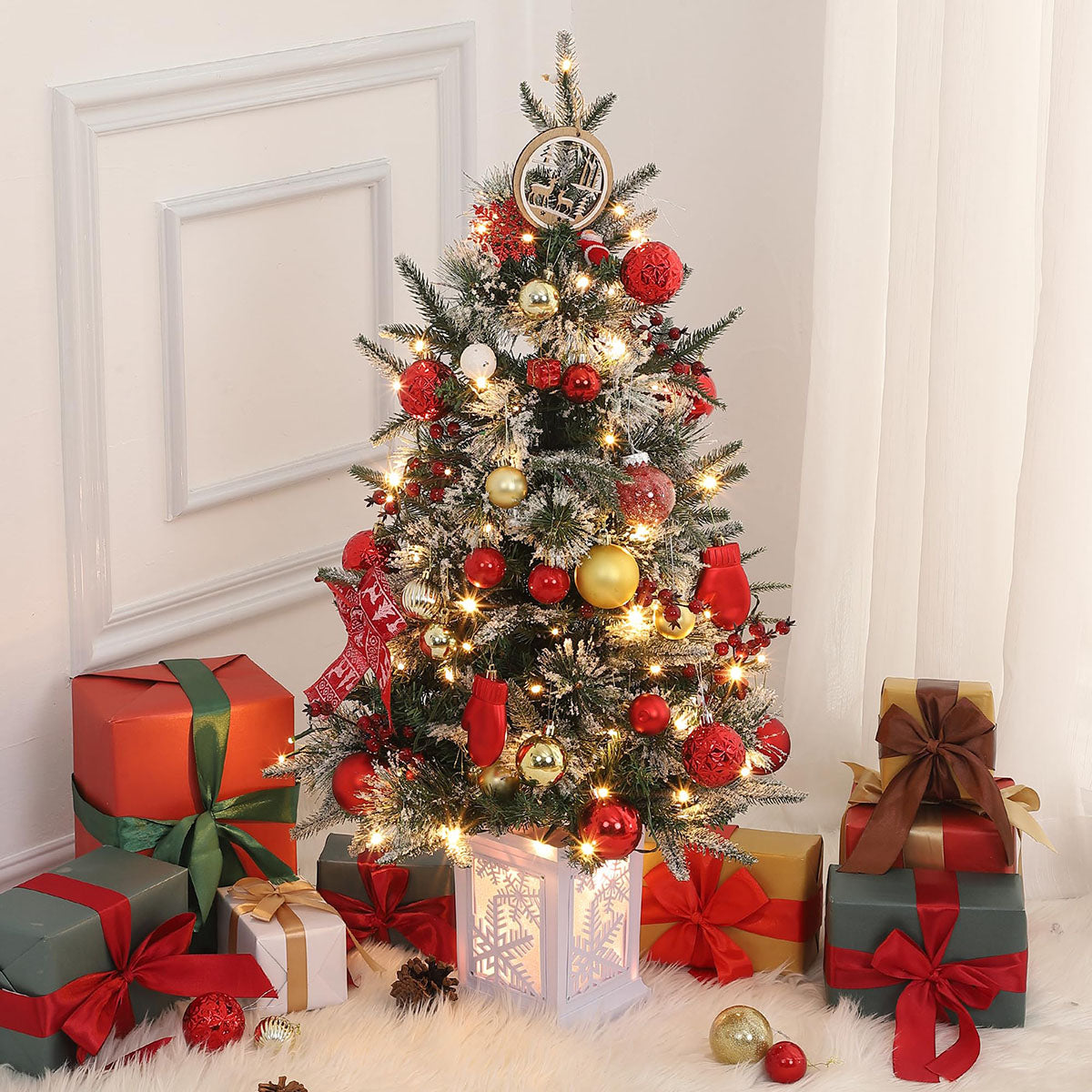 Danolapsi 3ft Pre-Lit Christmas Tree, Artificial Christmas Trees with 78 LED Lights, Snow Flocked Prelit Xmas Tree with Lighting Base, Battery Operated & Timer Function, Christmas Decoration for Home