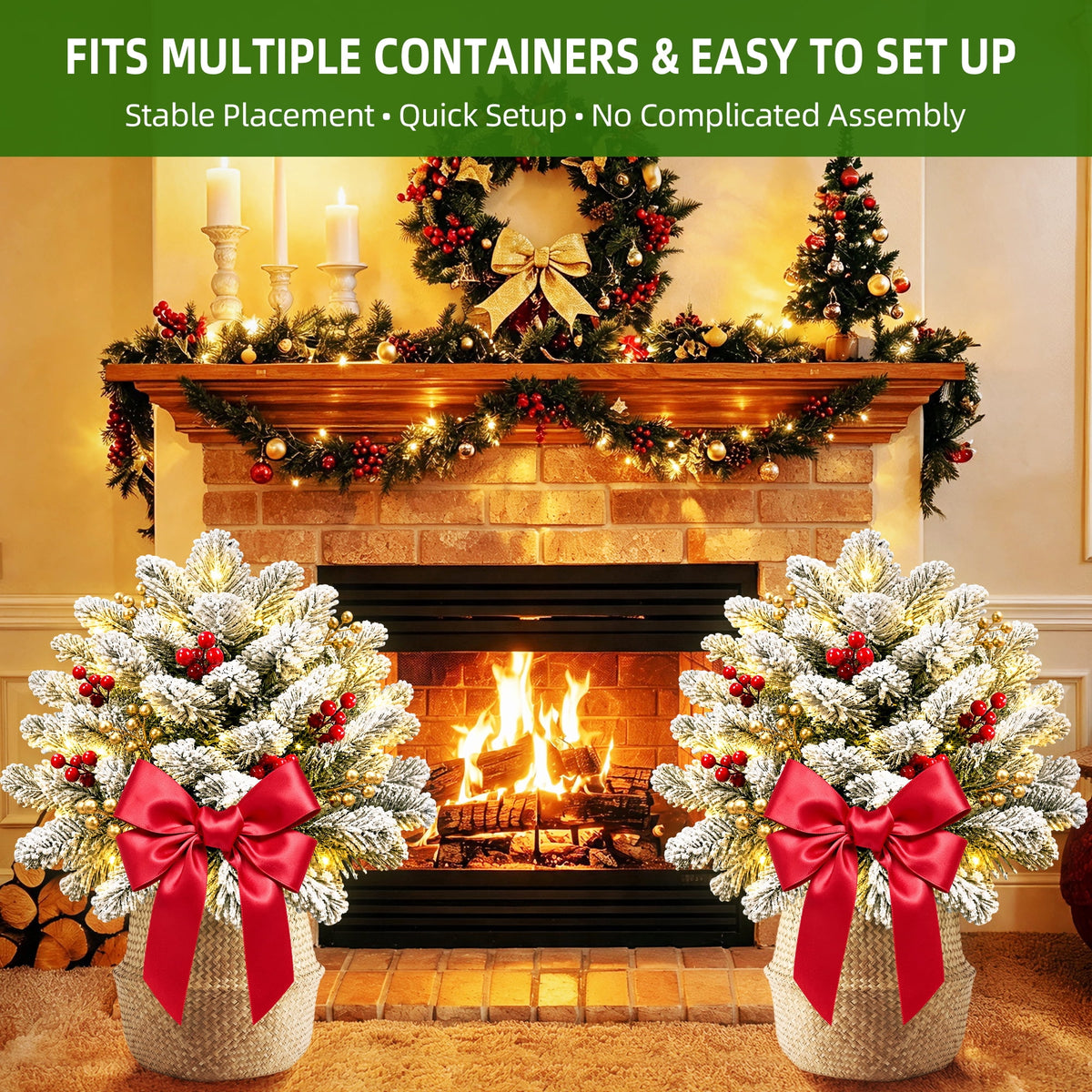 2PK Prelit Outdoor Christmas Trees Christmas Urn Pot Filler Snow Flocked Lighted Christmas Trees with 100 LED Warm White/Colorful Lights Timer 8 Modes for Front Door Porch Christmas Decoration