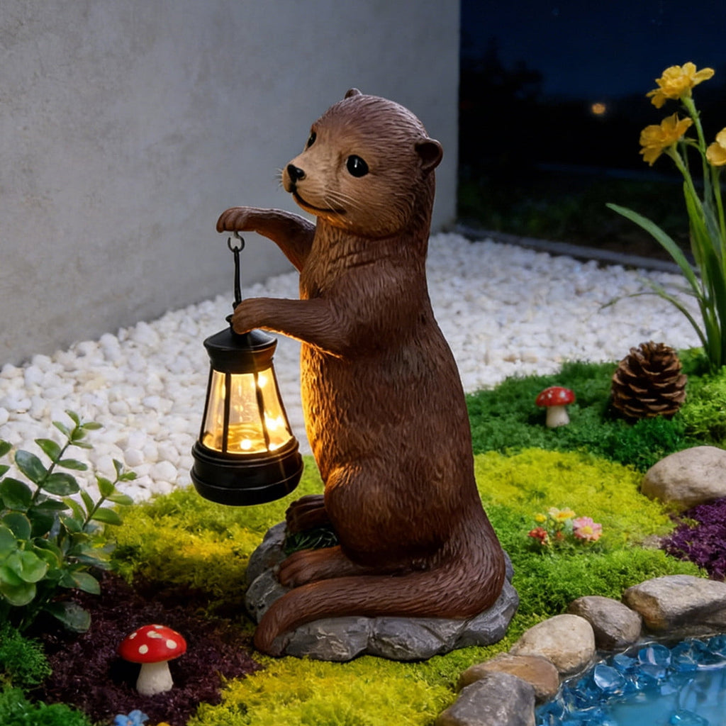 Solar Powered Resin Otters Lantern IP44 Waterproof Outdoor Decorative Light Warm Ambient Lighting Auto On/Off Handcrafted Statue for Garden Patio Yard Lawn Pathway Holiday Gift for Plant Lovers