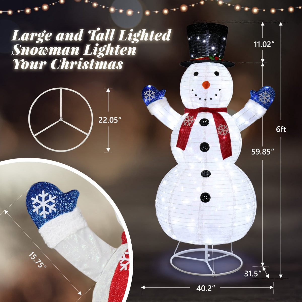 Zimtown LED Lighted Snowman Christmas Snowman w/ 180 LED Lights,Hat Christmas Outdoor Decoration