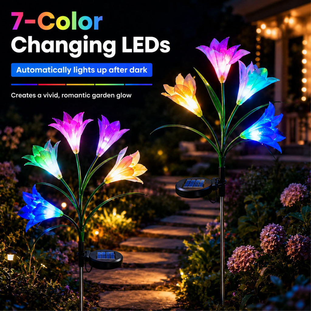 Solar Garden Lights Outdoor, 2 Pack 8 Lily, Solar Flowers Light Waterproof, Multi-color Changing LED Solar Stake Lights for Outside Patio Garden Pathway Yard Decoration