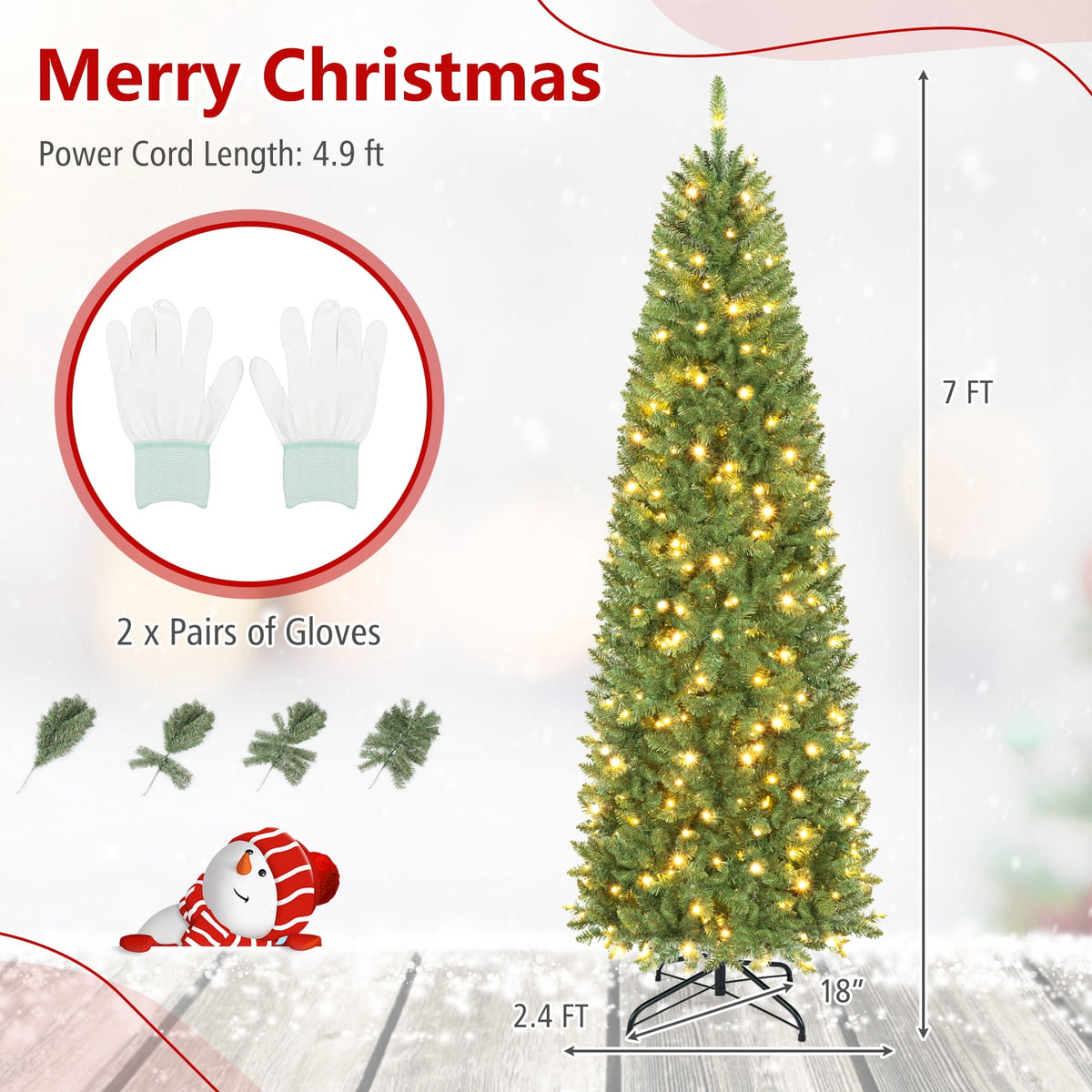 Costway 6Ft Pre-lit Artificial Pencil Christmas Tree Hinged Fir PVC Tree with 250 LED Lights