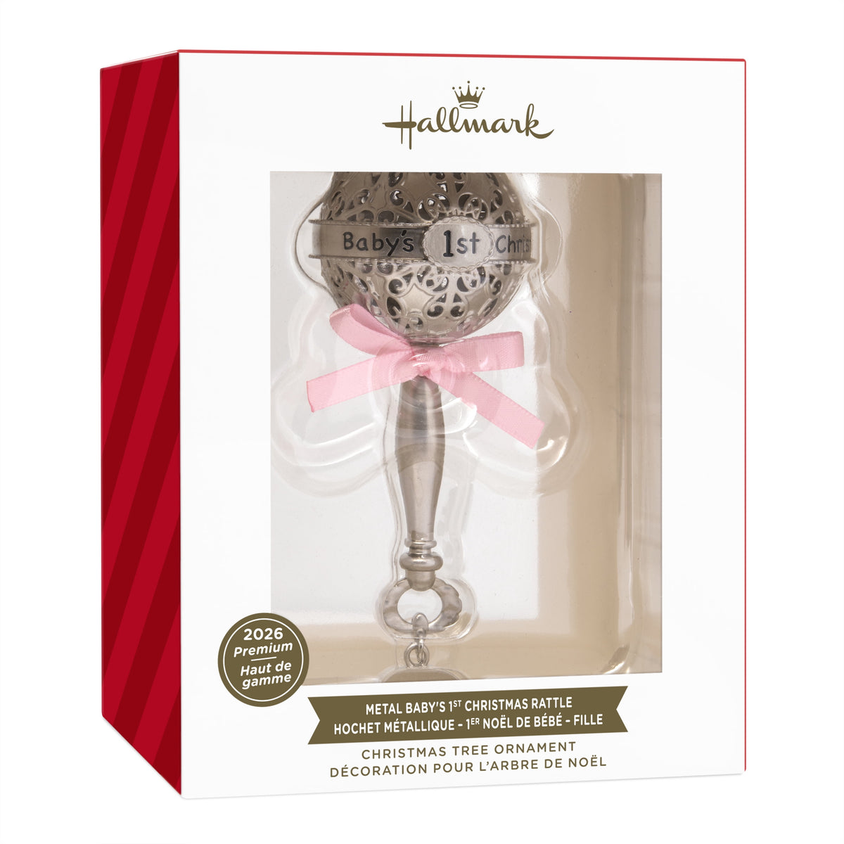 Hallmark Ornament (Baby First Cmas Rattle Pink Ribbon 2026, Metal), 1 Count