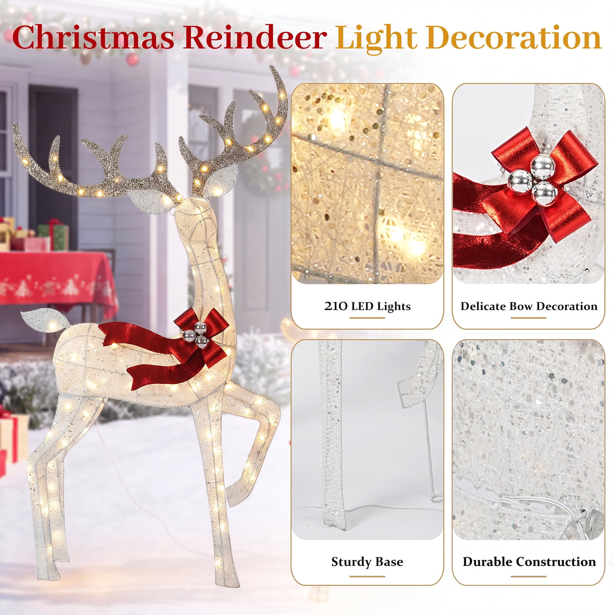 FOOWIN 3-Piece Large Christmas Deer Family, Lighted Outdoor Christmas Decoration, Champagne Gold