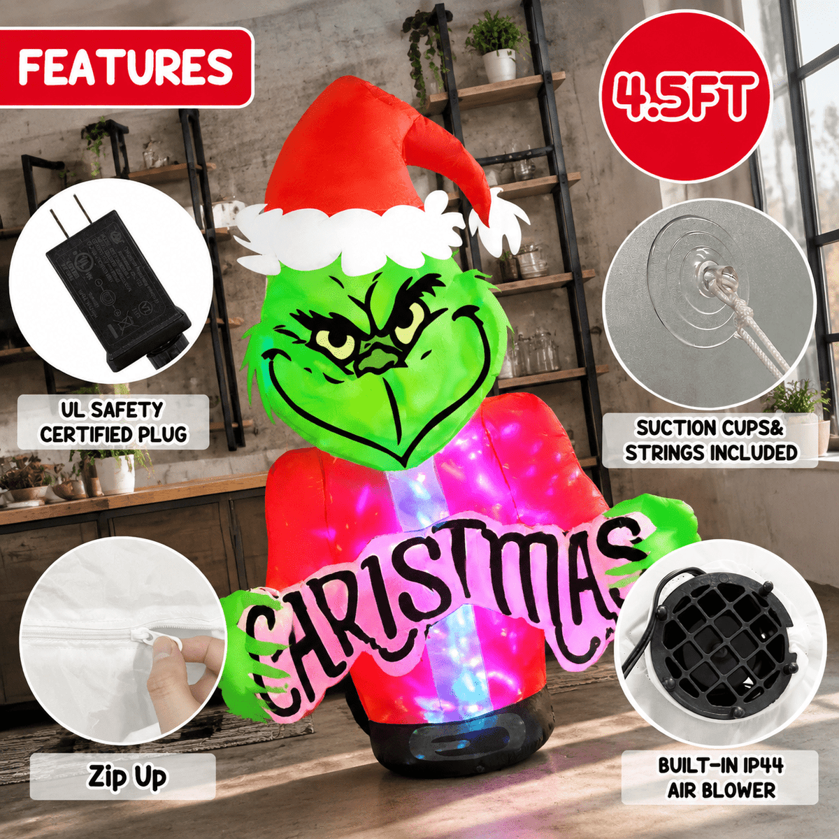 4.5ft Christmas Inflatable Green Monster Window Breakout Outdoor Holiday Decor with LED Lights