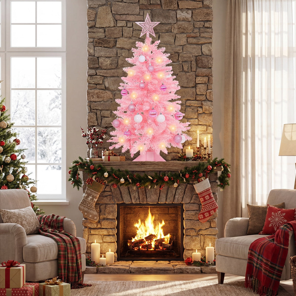 THE BRIVE Artificial Christmas Tree Champagne Includes Ornaments & Star 3ft with LED lights