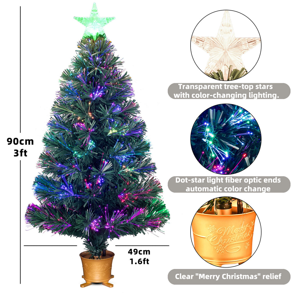 YUETJIN 3ft Pre-lit Mini Fiber Optic Tabletop Artificial Christmas Tree，Small Xmas Trees with Stars Decorations-transparent