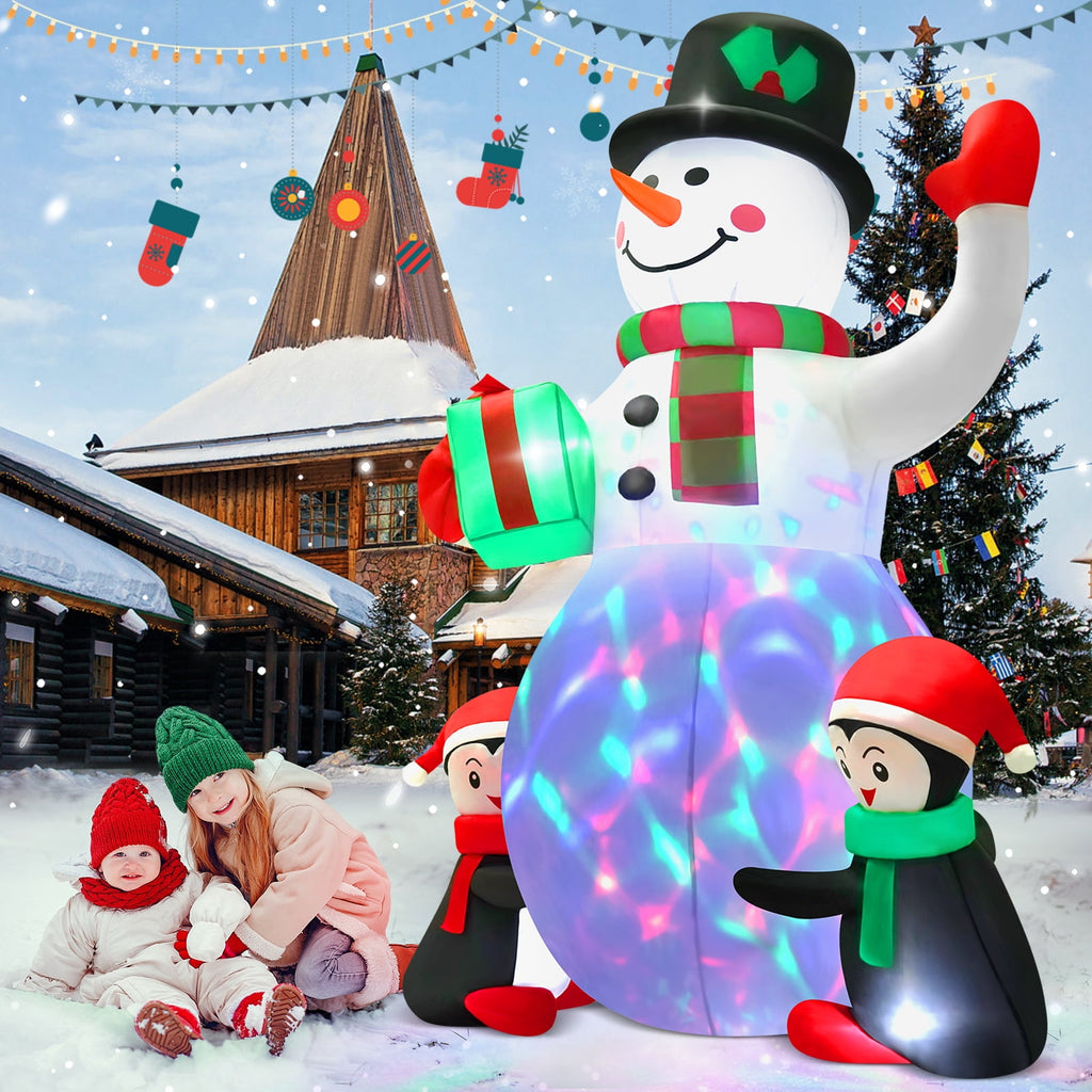 Yexmas 6.3 FT Christmas Inflatable Snowman with Penguins and Gift Box, Rotating LED Lights, Outdoor Christmas Blow Up Yard Decoration