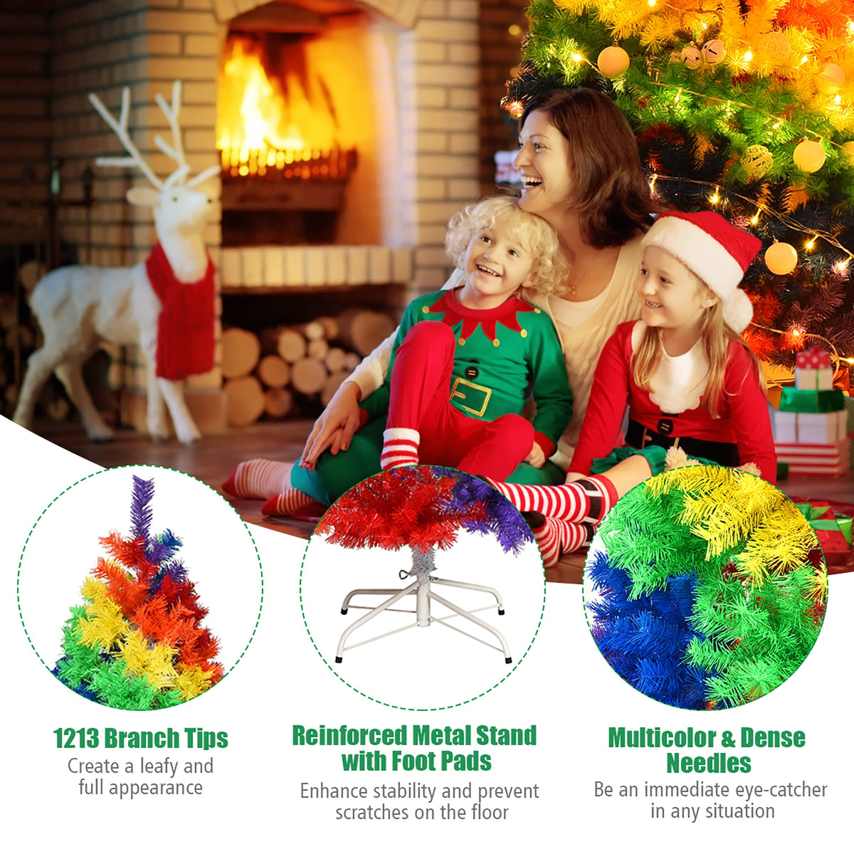 Costway 7FT Artificial Hinged Colorful Rainbow Full Fir Christmas Tree with 1213 Tips