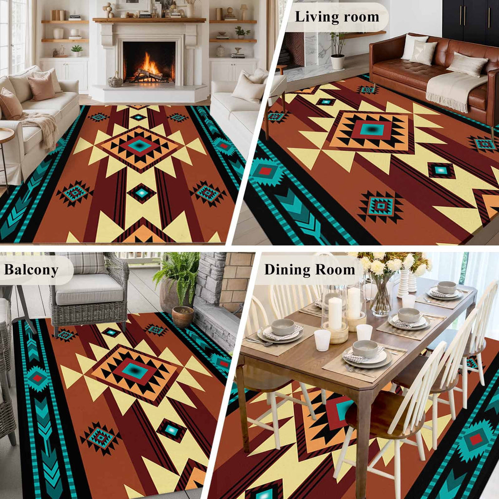 Large Area Rug 6'x9',Turquoise Red Non-slip Runner Carpet for Living Room/Bedroom,Southwest American Abstract Pattern Outdoor Indoor Rectangle Area Rugs Floor Mat for Kitchen/Dining Room