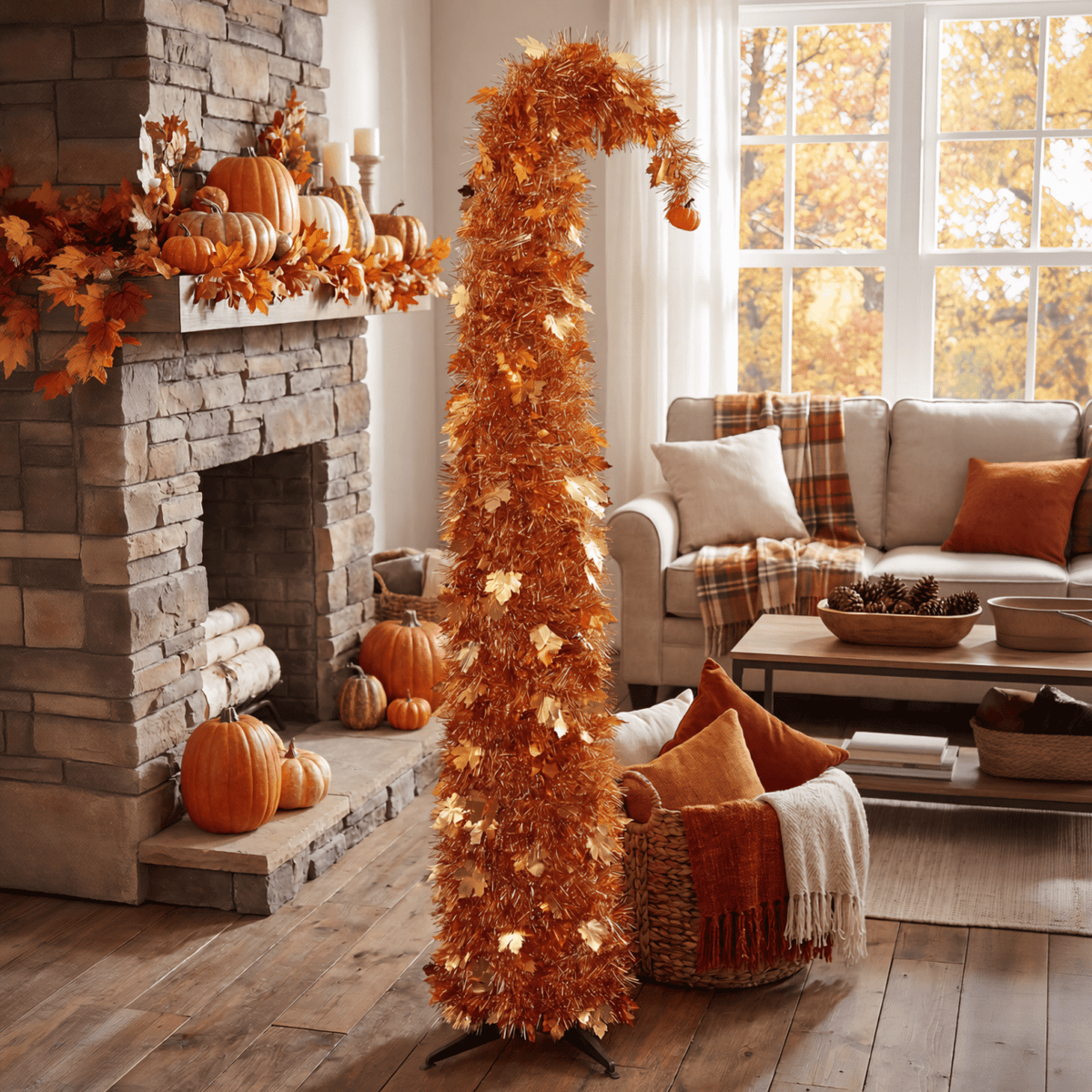 6FT Slim Pop Up Halloween Thanksgiving Tree with Fairy Lights Harvest Tree with Maple Leaves Pumpkins Foldable Collapsible Pencil Fall Tree for Outdoor Porch Patio Deck Living Room Decor