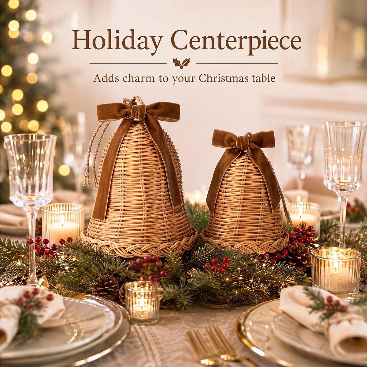2 Pcs Woven Rattan Christmas Bells with Velvet Bows