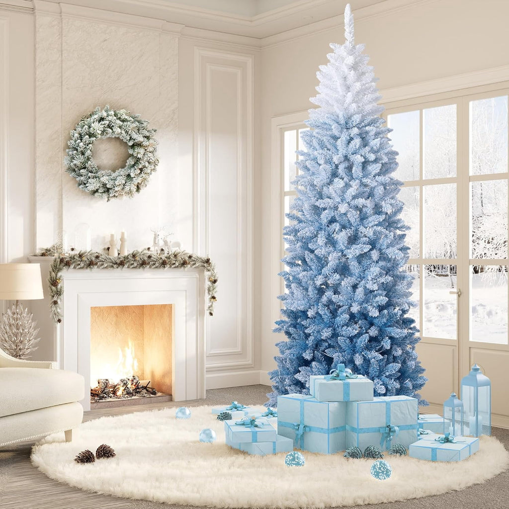 6ft Blue Gradient Snow Flocked Pencil Christmas Tree, Slim Artificial Holiday Decor with Sturdy Metal Stand, Flame-Retardant PVC, for Home, Party