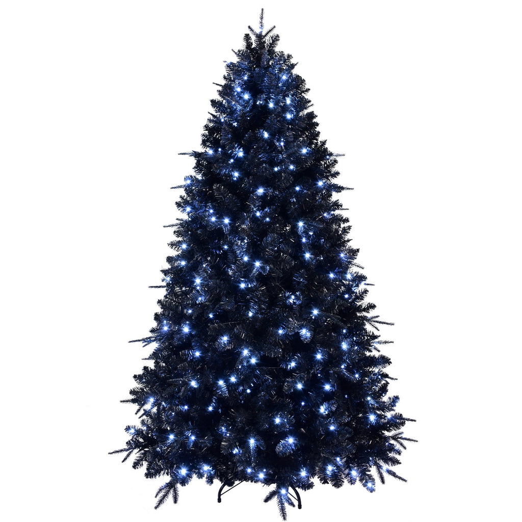 Artificial 7.5ft Black LED-lit Christmas Tree with 2156PE/PVC Mixed Branch Tips,Hinged Premium & Foldable Base for Indoor Holiday Decorating